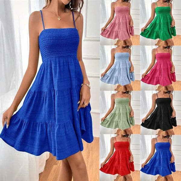 Womens summer one line neckline thin suspender solid color versatile texture dress 260507