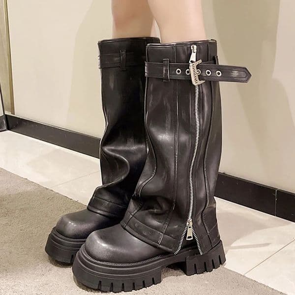 Platform Fold Knee High Boots for Women Punk Belt Buckle Square Toe Zipper Trouser Boots Goth Shoes For Women 260508