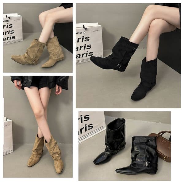 2026 NEW Designer Women Pointed Toe Suede Mid Calf Boots With Buckle Strap Wedge Heel Slip On Casual Shoes