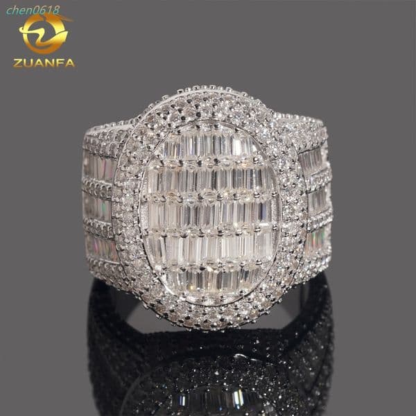 Iced Out Men Diamond Ring 925 Silver Moissanite Baguette Cut Design Luxury Men Hip Hop Ring