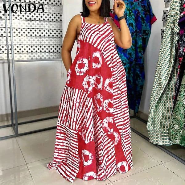 VONDA Plus Size 5XL Summer Bohemian Printed Maxi Dresses Sleeveless Party Beach Sundress Tank Long Vestido Casual Holiday Robe 260507