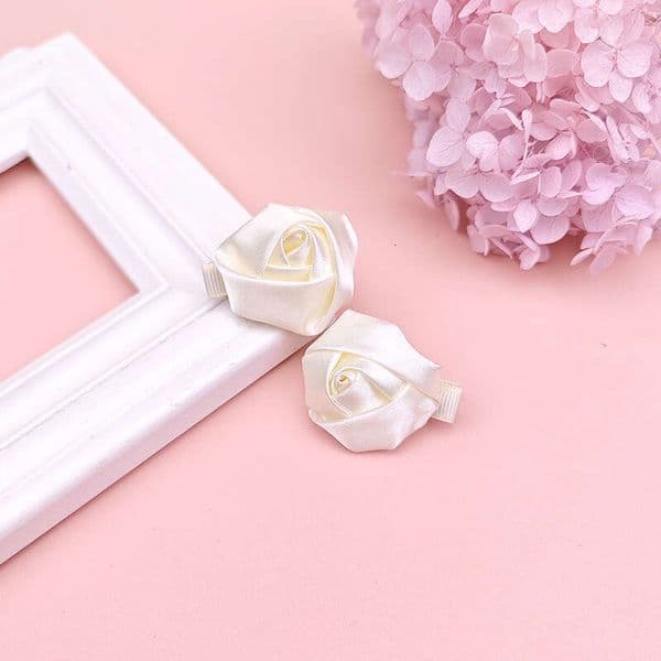 Girls' Satin Rose Bud Three-Dimensional Ribbon Flower Bangs Clip, Handmade Fabric Fully Wrapped Hair Clip