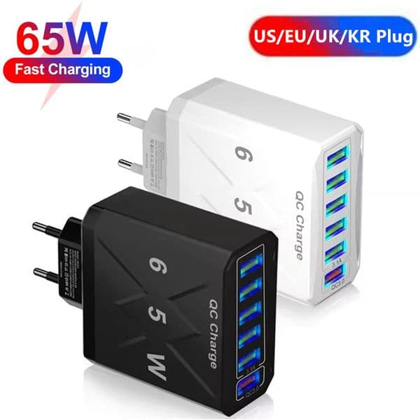 6 Ports 65W QC3.0 USB Wall Charger Quick Charge Cellphone Fast Charging Travel Power Adapter For iPhone 15 14 13 Pro Max Xiaomi Samsung Android Phone Tablet Gaming