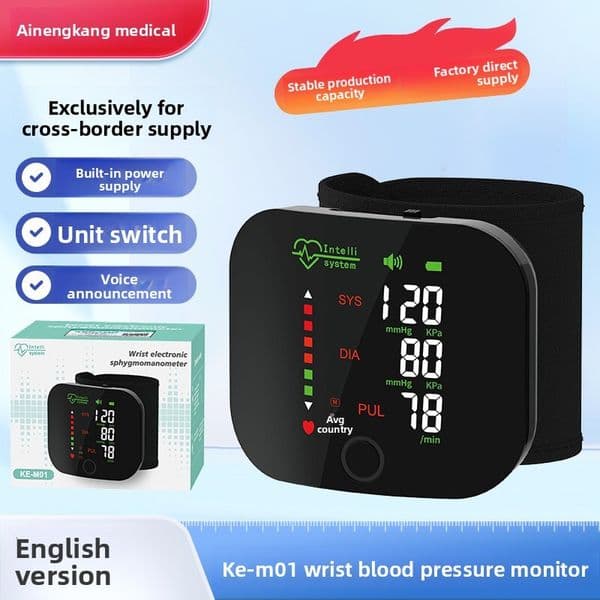 Medical Grade Smart Monitor with English Voice Broadcast Built-in Rechargeable Wrist Blood Pressure Measurement Device