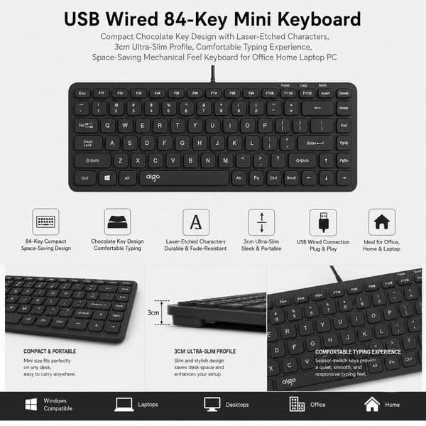 USB Wired 84-Key Mini Keyboard - Compact Chocolate Key Design with Laser-Etched Characters, 3cm Ultra-Slim Profile Space-Saving Mechanical Feel Keyboard