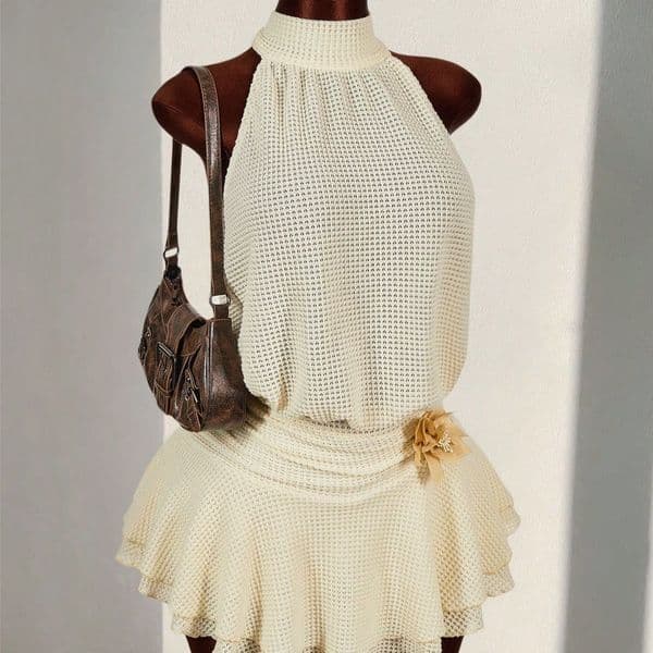 2026 New Summer Dress In European And American Style Solid Color Slim Fit Sexy And Elegant Waist Cinching Flower Decoration Backless Lace Up Cake Skirt For Women
