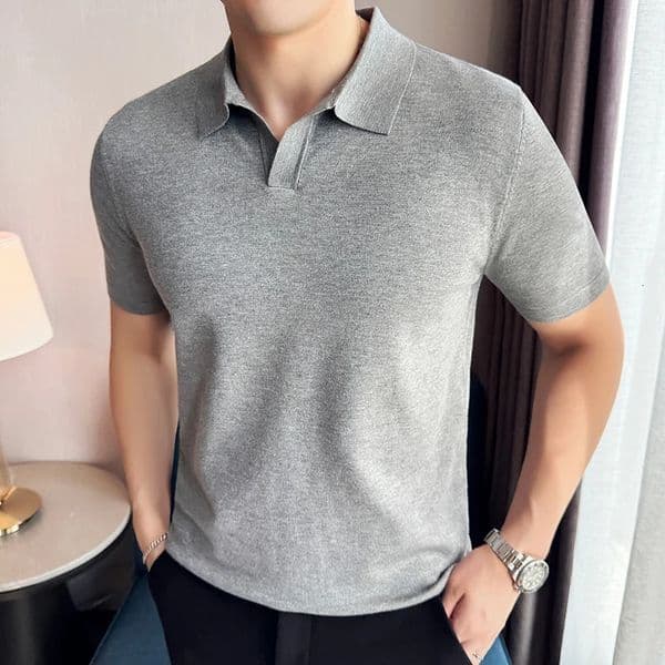High Elasticity Knitted Men Polo Shirt Short Sleeved 2026 Summer Ice Silk Light Thin Solid Casual Top T-shirt Men Clothing 260509