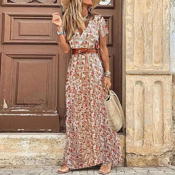 Elegant Floral Pleated H shaped Midi Dress Female V Neck Puff Sleeve Waist Ruched Button Dresses Women Summer Dress Robe 260507