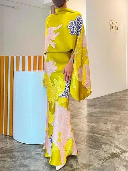 Yeezzi Women Vintage Elegant Flower Printed Batwing Sleeves Blouses High Waisted Party Evening A-Line Skirts Sold Separately 260511