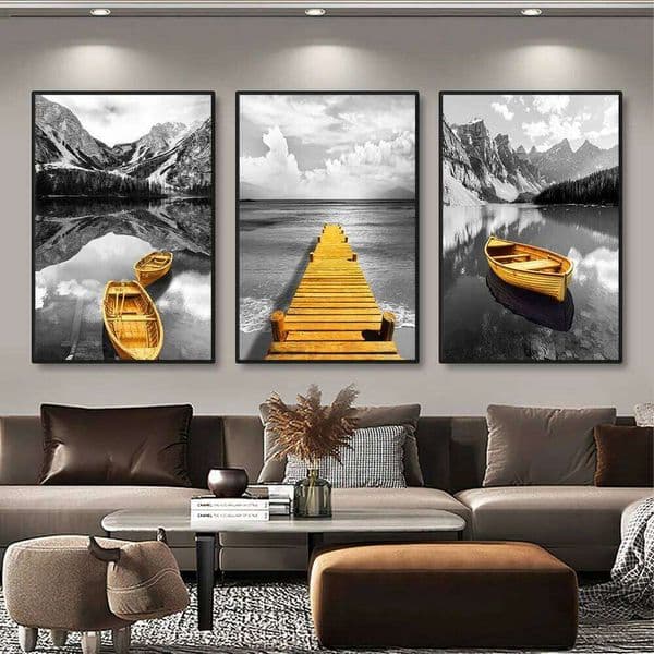 3pcs Yellow Boat On The Lake Landscape Canvas Prints Gold Wooden Bridge Mountain Abstract Wall Art Paintings For Home Decor 26Y0511
