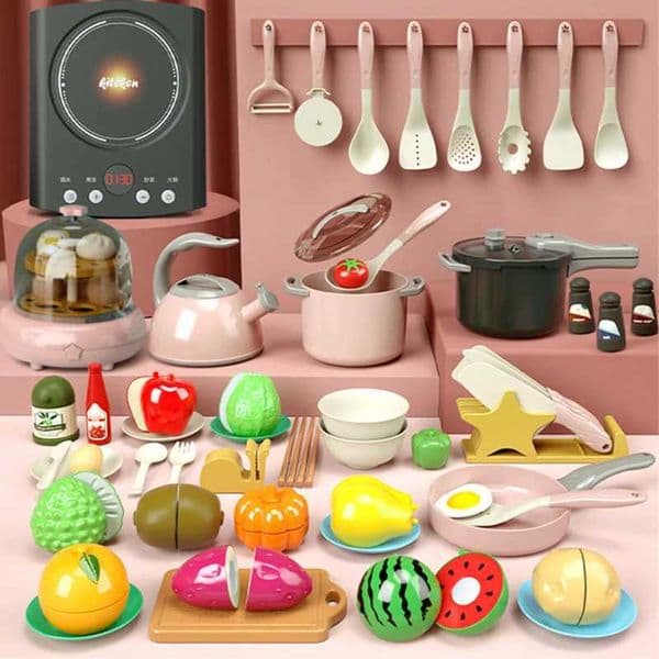 Children Simulation Kitchen Toys Accessories Pretend Play Fruits Cutting Cooking Toys Set with Pots Pans Utensils Cookware Gifts S260508