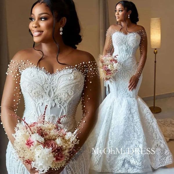 Mermaid Dress Bridal For Bride Sheer Neck Illusion Long Sleeves Appliqued Beaded Pearls Lace Wedding Gowns Y511