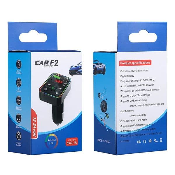 Car F2 Charger BT5.0 FM Transmitter Dual USB Fast Charging PD Type C Ports Handsfree Audio Receiver Auto MP3 Player for Cellphones Tax Duty Free HJ