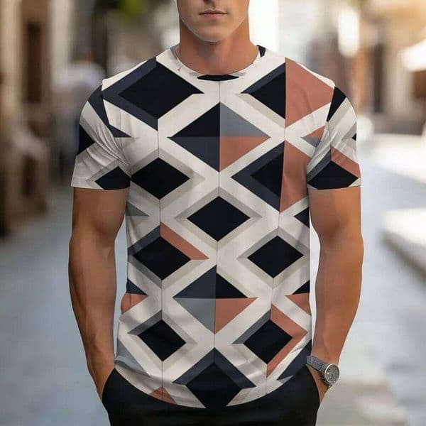 Men's geometric print crew neck T-shirt, casual short-sleeved top, regular fit, comfortable men's summer