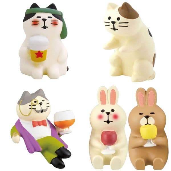 Kawaii Miniature Drinking Cats & Rabbits Ornament Set, Cute Animal Figurines for Home Office Desk Decor