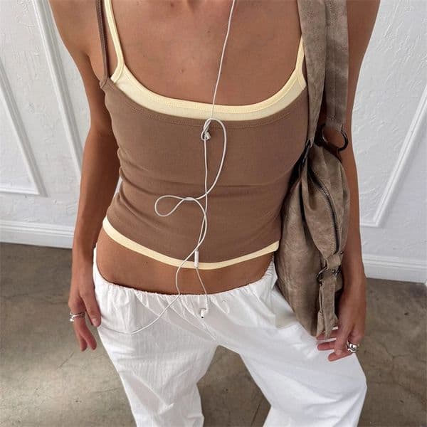 Womens Slim Fit Camisoles Spaghetti Strap Stylish Double Layer Tank Tops Charcoal and Light Blue Summer Crop Tops 260509