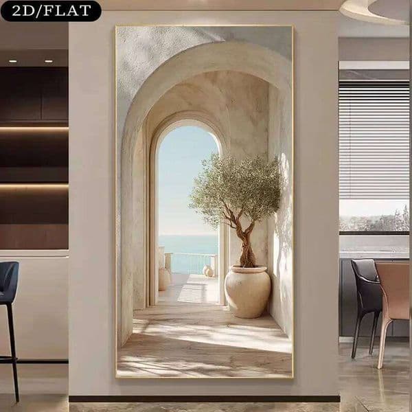 Large Frameless Coastal Mediterranean Olive Tree Arch Canvas Print - Island Inspired Beige & White Greek Vibe Wall Art, 31 26Y0511