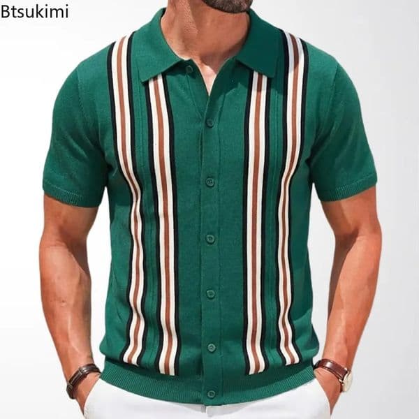 2026 Spring Summer Mens Short Sleeve Polo Shirt Knitted Slim Business Cardigan Shirt Streetwear Casual Tops Camisa Masculina 260509