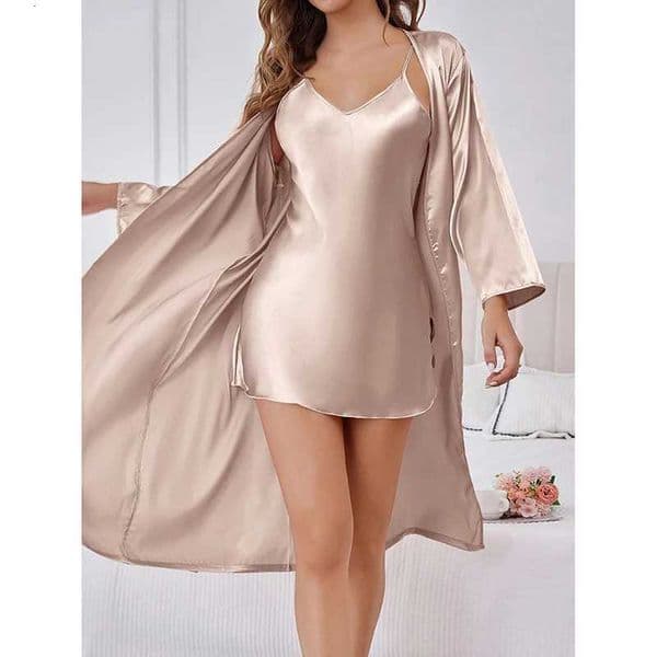 Ladies Two Piece Premium Sleepwear Set Simple Solid Color Design Sensual Short Chemise with Long Loose Robe and SashJ260511