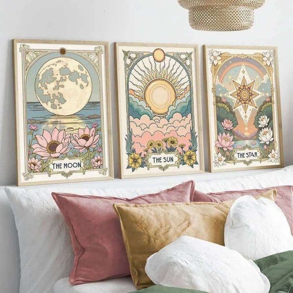 Set of 3 Sun, Star, Moon Tarot Card Art Prints, Vintage Plant Bohemian Style Floral Canvas Posters, Celestial Wall Decor, Astrology 26Y0511