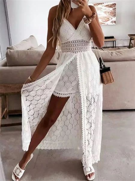 Summer Women Lace Playsuit Dress Sleeveless V Neck Hollow Out Irregular Midi Dress Sexy Elegant Casual Bohemian Dresses 260509