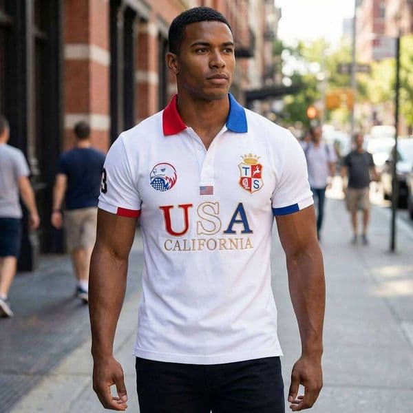 Men's polo shirt USA White Royal short casual sport party high-end cotton embroidery luxury contrast color original design