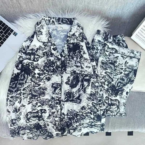 Womens 2pcs Vintage Ink Print Sleepwear Loungewear Casual French Fashion Luxuy Pajamas Spring Summer New Homewear Pajamas SetJ260511