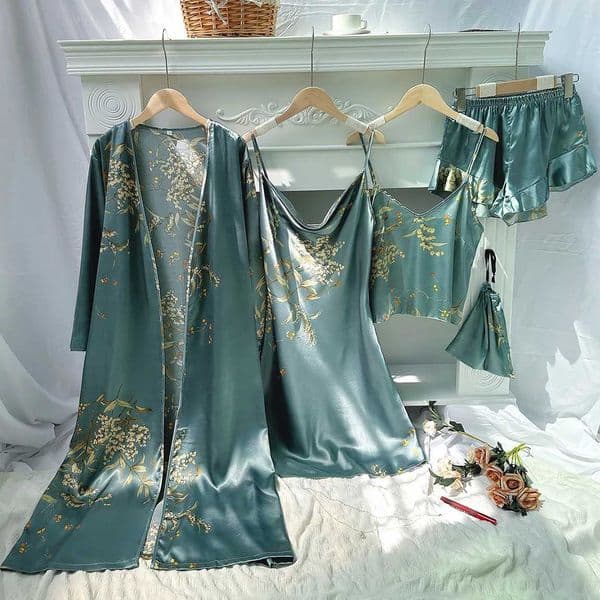Home wear simple five piece set with printed cherry pajamas womens thin nightgown camisole shorts camisole skirt setJ260511