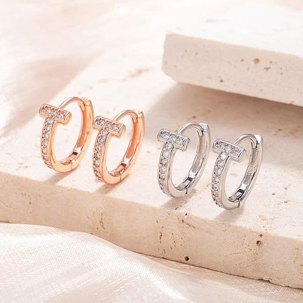Earrings Light Luxury Double-T Zirconia Studded Trendy Earrings High-End Simple Elegant Korean Style Unique Exquisite European And American Hoop Earrings