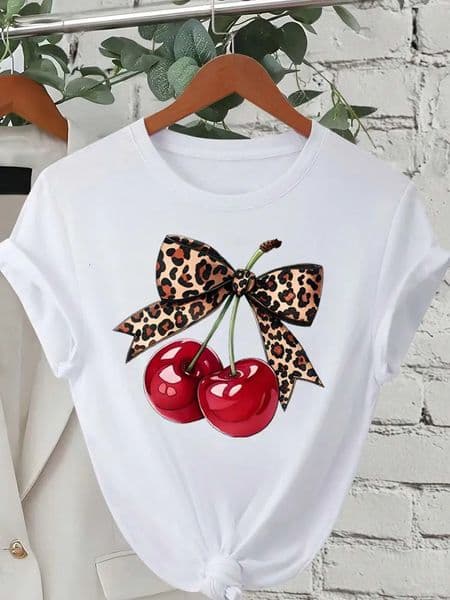 Fashion Cherry Print Women TShirt Short Sleeve Crew Neck Casual Tops for Summer Spring Womens Clothing Tees 260507