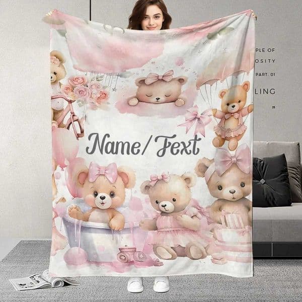 Customizable name creative bear pattern blanket suitable for sofa bed travel holiday gifts suitable for all seasons C260511
