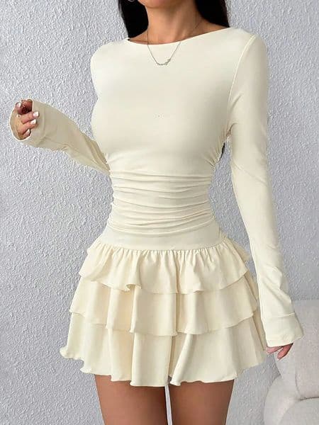 Autumn Winter Solid Color Slim Fit Cascading Ruffles Mini Dress Women Elegant Flare Sleeve High Waist Sexy Party Bodycon Dresses 260509