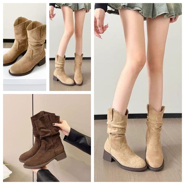 Women Retro Western Cowboy Boots With Block Heel And Round Toe Soft Suede Mid Calf Boots For Casual Daily Wear And Street Style