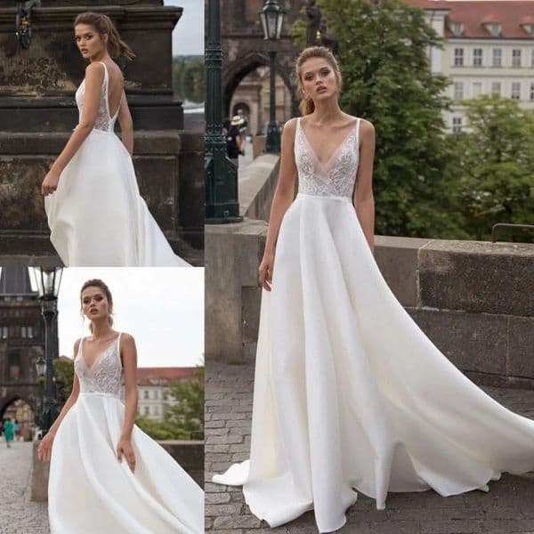 A Line Flawless Lace Beach Wedding Dresses Deep V Neck Bohemian Backless Bridal Gowns Sweep Train Robe De Marie