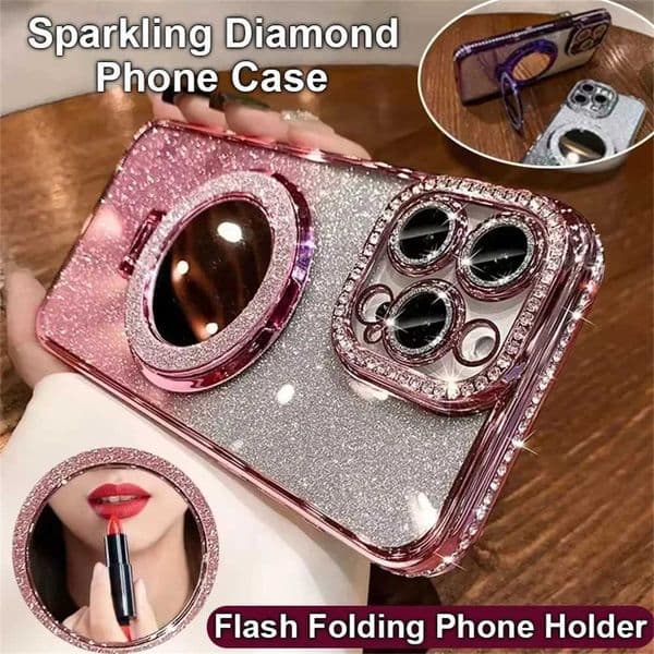 Diamond Glitter For Bracket Phone Cases For iPhone 17 16 15 14 13 12 11 Pro Max Air Mirror Magnetic Holder Stand CoverJ260511