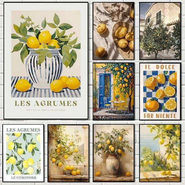 Retro Garden Canvas Poster Fresh Lemon Olive Tree Wall Art Prints for Modern Living Room Office & Summer Home Decor Gifts 26Y0511
