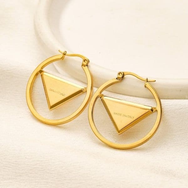 Inspired Gold Hoop Earrings for Women 18K Gold Plated Stainless Steel Triangle Logo Earrings Fashion Statement Jewelry
