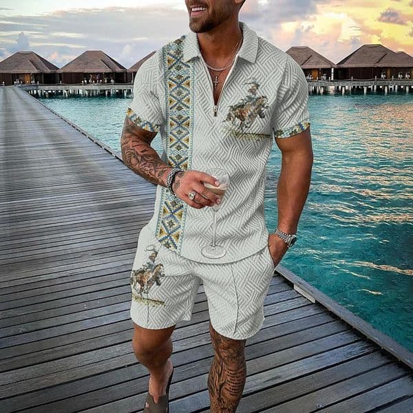 Vintage Mens Suit Zipper Polo Shirt Shorts Pants 2 Piece Set Coconut Tree Animal 3D Print Casual Men Tracksuit Ropa Barata 260511