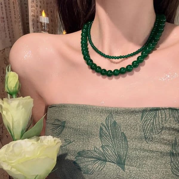 Chain For Man New Chinese National Trend woman necklace Green Agate Beaded Necklace Internet Celebrity Same Style Super White Appearance Elegant Simple Versatil