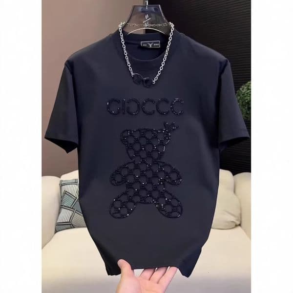 Three-dimensional Bear Heavy Industry Bead Designer T-shirt Y2K Luxury Summer Men's Trendy Brand New Versatile Outdoor Sports And Leisure Half Sleeved Top