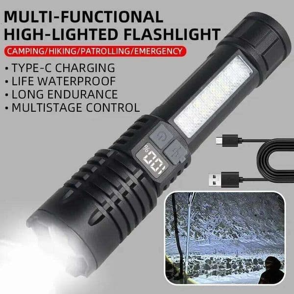 Tactical LED Flashlight High Power USB Rechargeable Camping Torch with Telescopic Zoom Emergency Spotlight Built-in Battery S260509