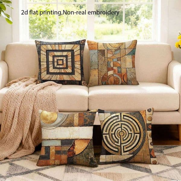 Modern Industrial Style Pillow Case Covers, Geometric Mosaic Labyrinth Print Cushion Cases Cozy Earth Tone Home Decor for Living Room 26Y0509