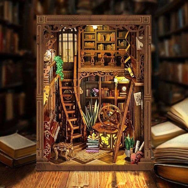 OUZEY DIY Wooden Myriad Books House Book Nook Shelf Insert Miniature Model Bookend Craft Kit for Friends Birthday Gifts J260511