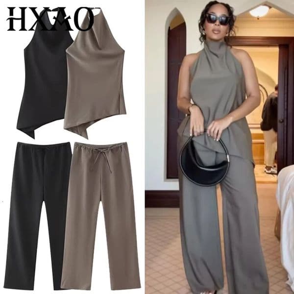 HXAO Satin Pant Sets Womens Two Pieces Set Asymmetric Halter Top Set 2 Piece Woman Outfit Chic High Waist Lace-Up Trousers Sets 260508