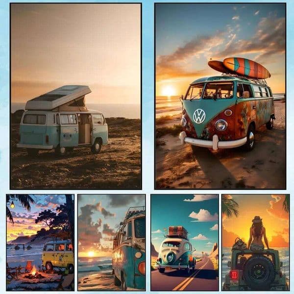 Combi Van Surf Painting Calligraphy Canvas Poster: Crease Free Waterproof Durable All Space Wall Decor 26Y0511