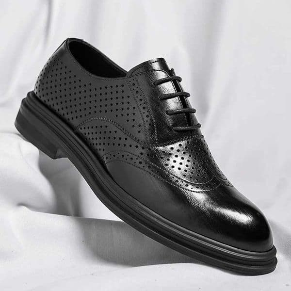 Mens Black Genuine Leather Perforated Brogue Oxfords Lace Up Chunky Sole Formal Business Office Breathable Summer Casual Shoes H260509