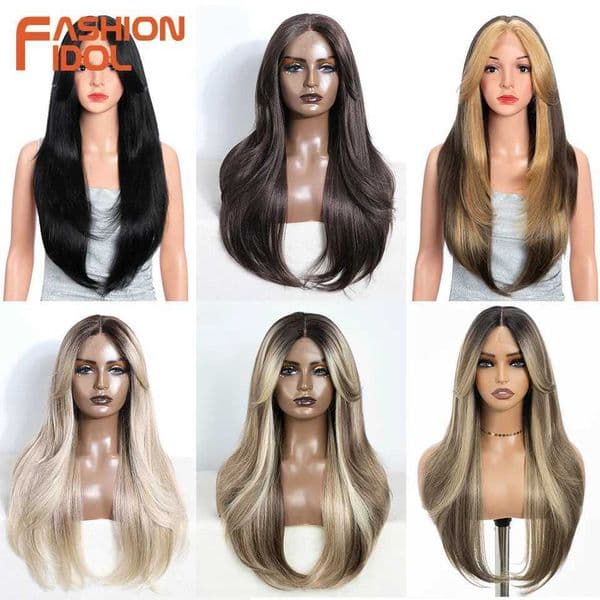 FASHION IDOL 26 Inch Long Straight Lace Front Wig With Bangs Synthetic Hair Ombre Black Blonde Highlight Cosplay Wigs For Women X260511