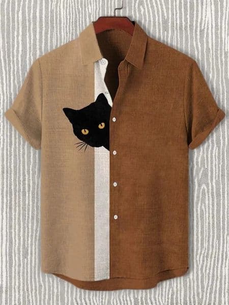 Mens Funny Shirts Harajuku Japanese Men Fun Hide And Seek Black Cat Print Casual Shirt Summer Holiday 3D Printing Blouse T260506