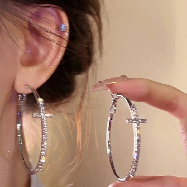 Big Circel Cross Hoop Earrings for Women Girl Rhinestone Geometric Ear Buckles Earrings Wedding Party Jewelry Gifts Accessories 260509