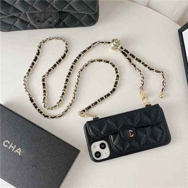 Chanel Style Caviar iPhone 16 Pro Max Case Apple Crossbody Chain 14 Pro Protective Cover T260509